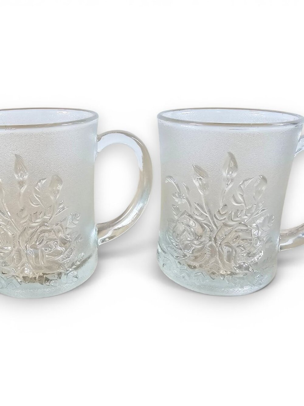 Pasari Crystal Livia Coffee Mugs Set of 2 Clear Embossed Roses Frosted Vintage